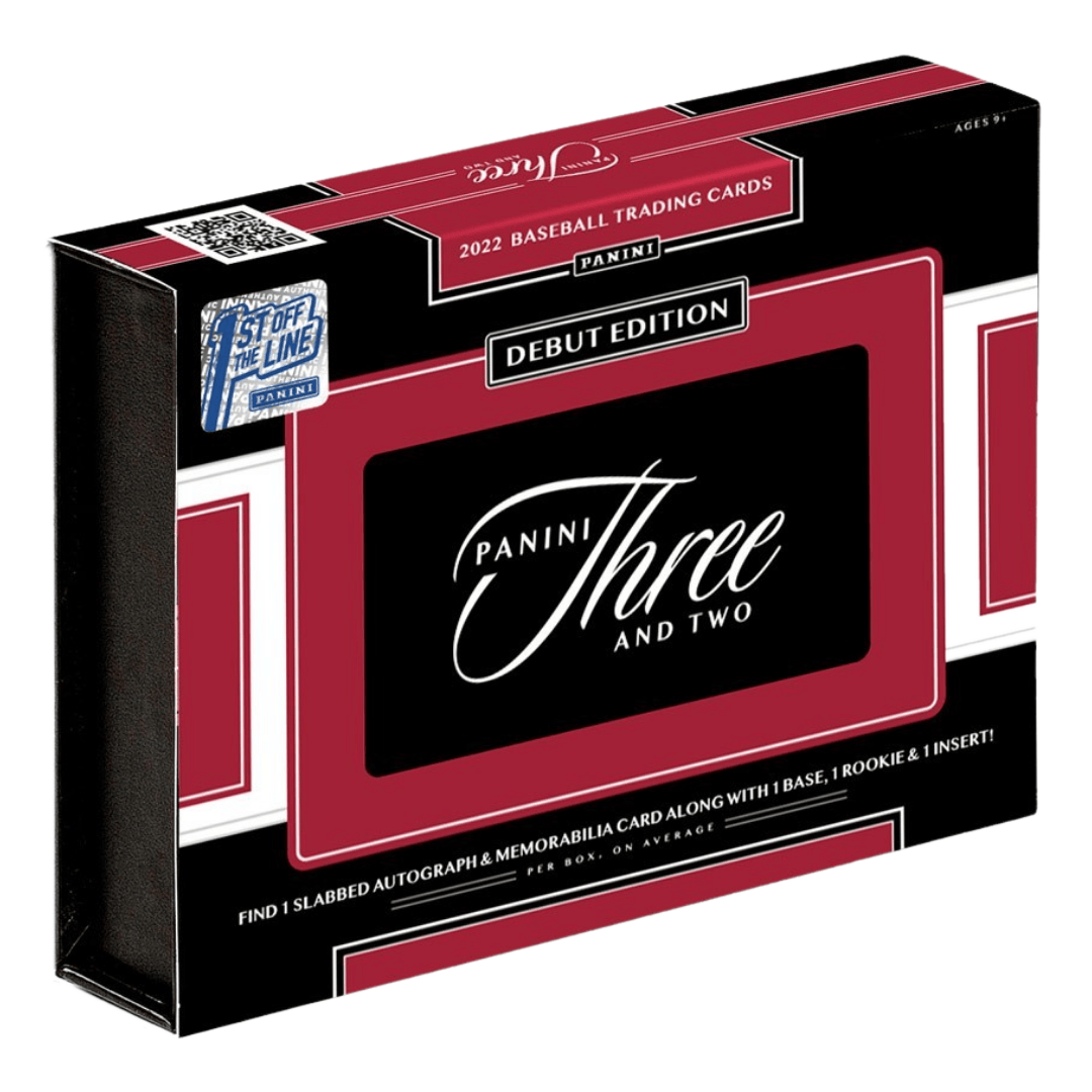 A 2022 Panini Three and Two Baseball First Off The Line hobby box in black and red packaging.