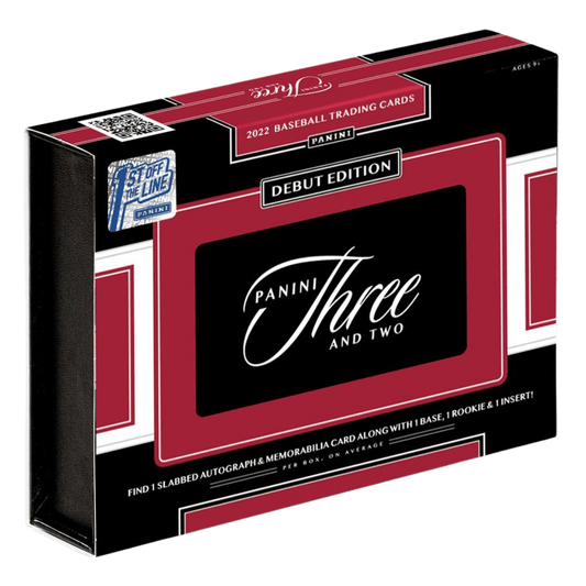 A 2022 Panini Three and Two Baseball First Off The Line hobby box in black and red packaging.