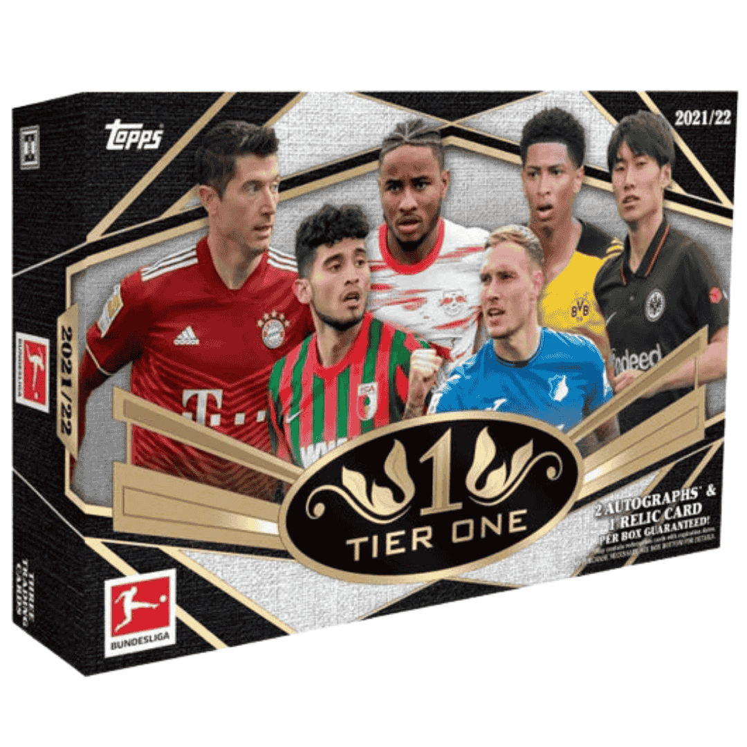 A 2021/22 Topps Tier One Bundesliga soccer hobby box featuring six players on the front.