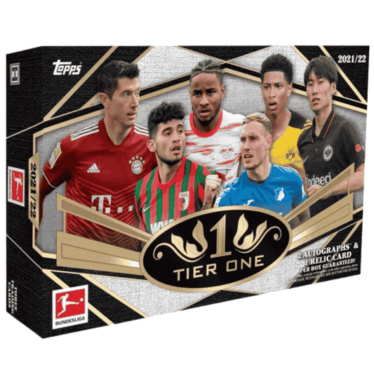 A 2021/22 Topps Tier One Bundesliga soccer hobby box featuring six players on the front.