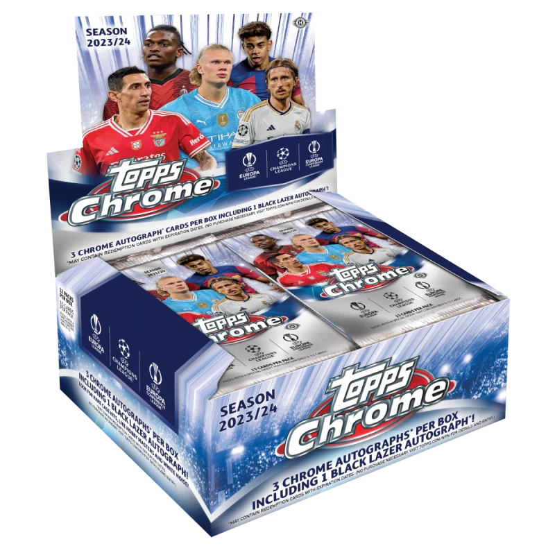 A 2023-24 Topps Chrome UEFA Club Competitions soccer trading card jumbo hobby box.