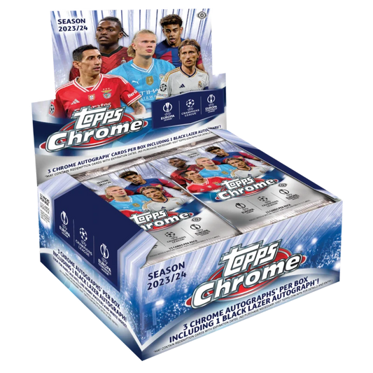 A 2023-24 Topps Chrome UEFA Club Competitions soccer trading card jumbo hobby box.