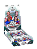 A 2023-24 Topps Chrome UEFA Women's Champions League hobby box containing trading card packs.