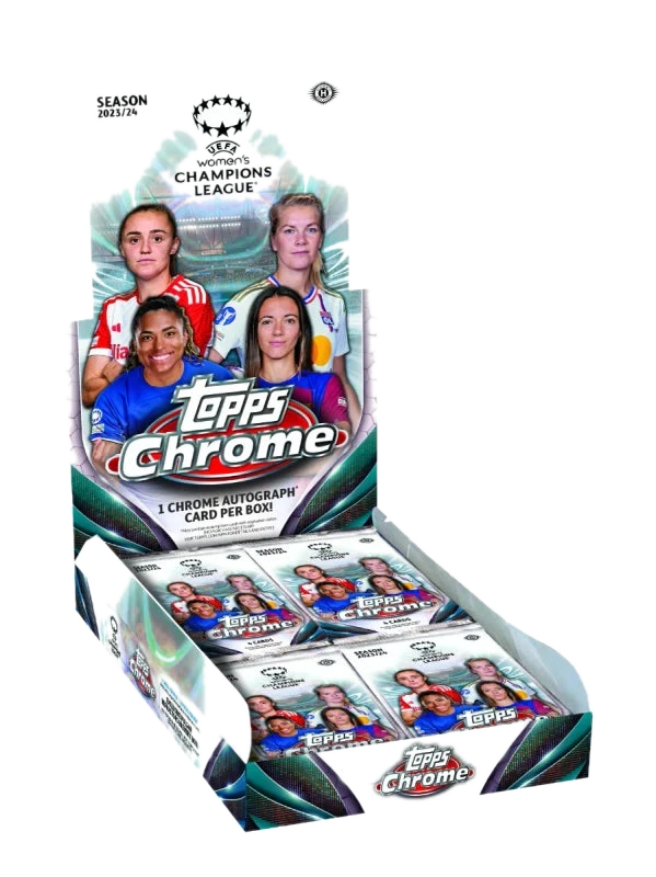 A 2023-24 Topps Chrome UEFA Women's Champions League hobby box containing trading card packs.