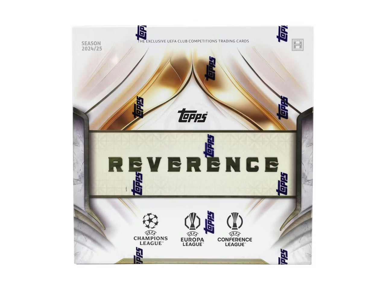 A 2024-25 Topps Reverence UEFA club competitions soccer hobby box with gold and white branding.