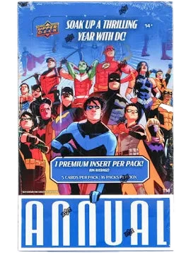 A 2023-24 Upper Deck DC Annual hobby box featuring various DC superheroes on the cover.
