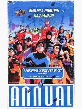 A 2023-24 Upper Deck DC Annual hobby box featuring various DC superheroes on the cover.