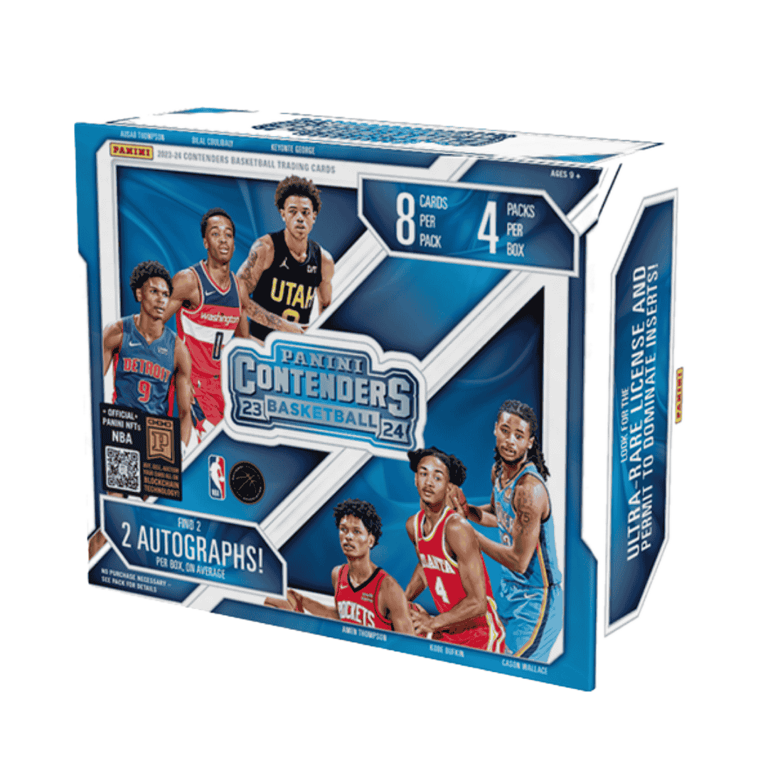 A 2023-24 Panini Contenders basketball hobby box featuring images of various NBA players.
