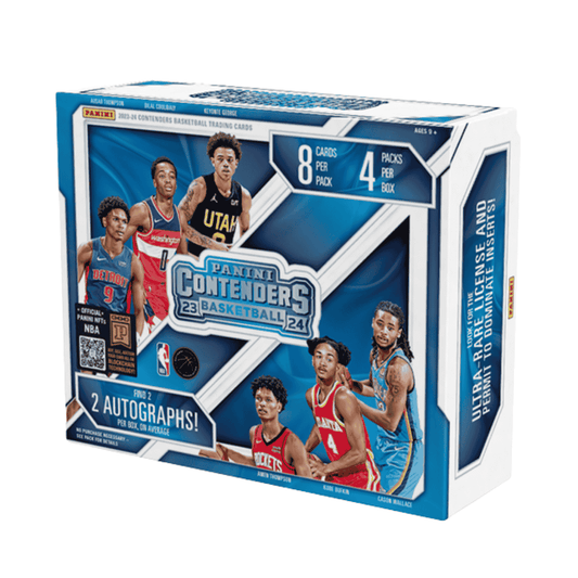 A 2023-24 Panini Contenders basketball hobby box featuring images of various NBA players.