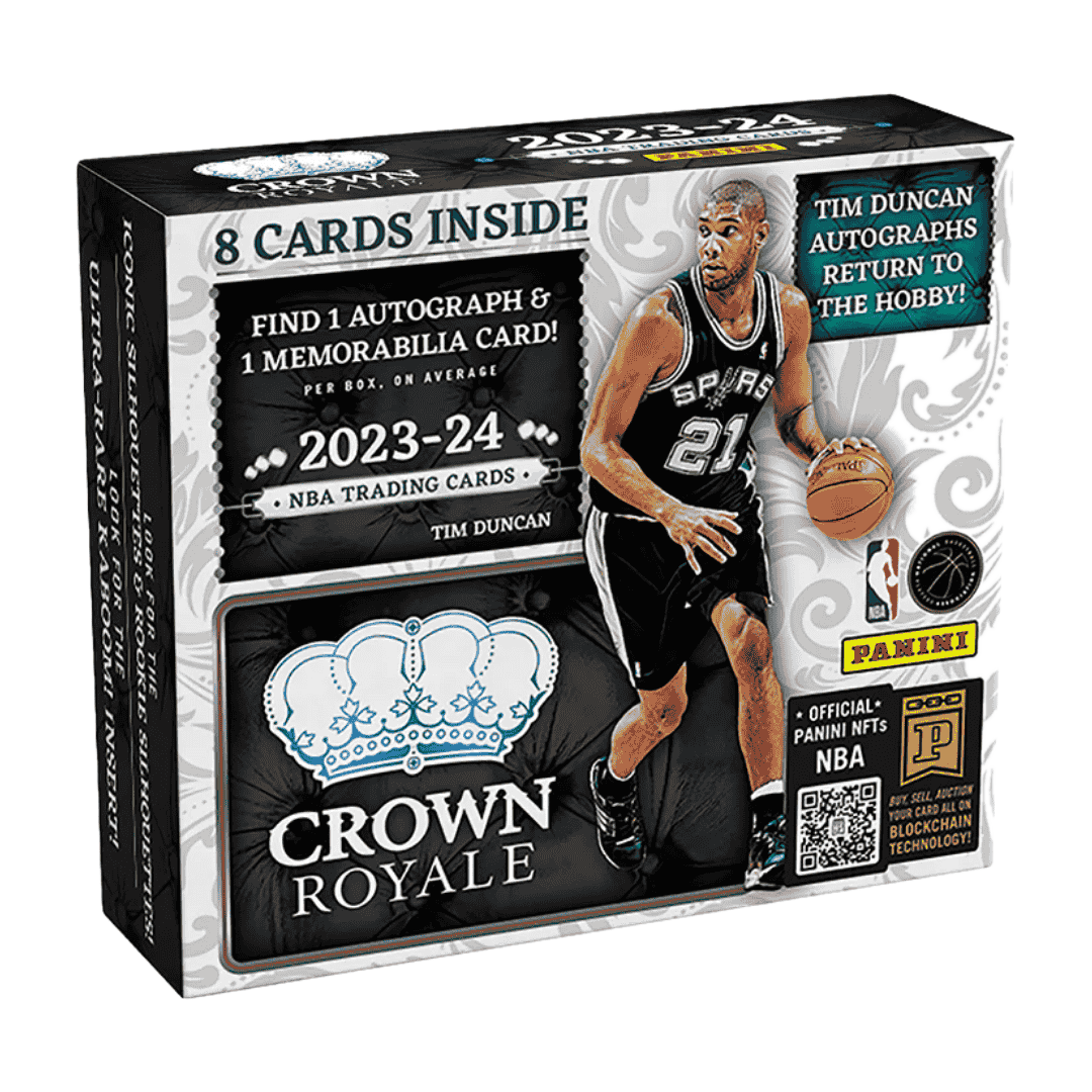 A 2023-24 Panini Crown Royale basketball hobby box featuring Tim Duncan on the packaging.