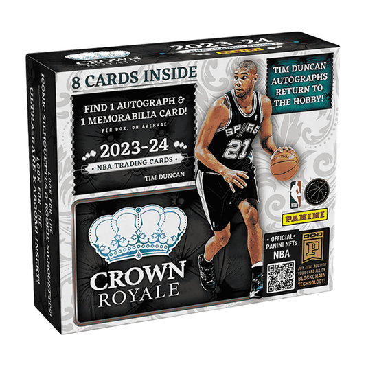 A 2023-24 Panini Crown Royale basketball hobby box featuring Tim Duncan on the packaging.