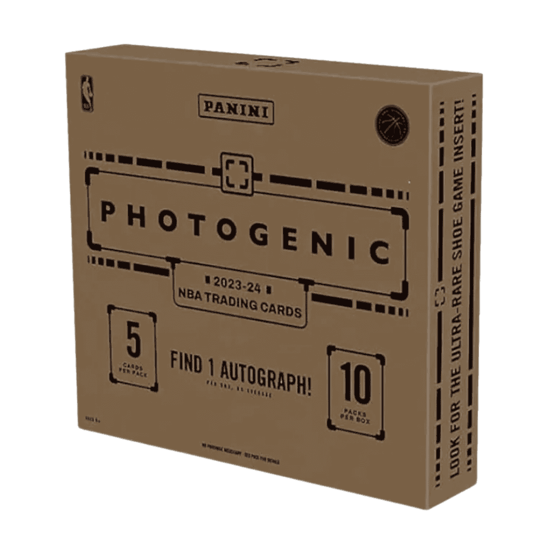 A 2023-24 Panini Photogenic basketball hobby box featuring ten packs of five trading cards.