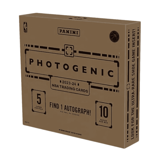 A 2023-24 Panini Photogenic basketball hobby box featuring ten packs of five trading cards.