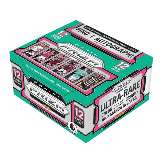 A 2023-24 Panini Prizm Premier League soccer hobby box featuring twelve packs of trading cards.