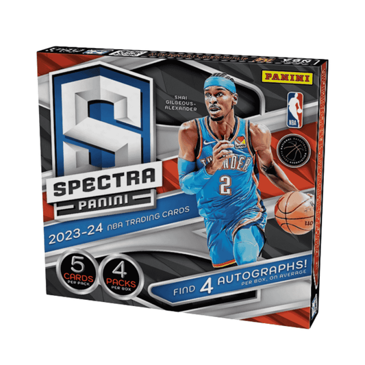 A 2023-24 Panini Spectra basketball hobby box featuring Shai Gilgeous-Alexander on the cover.