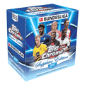 A 2023-24 Topps Bundesliga Chrome Sapphire Edition trading card box featuring soccer players.