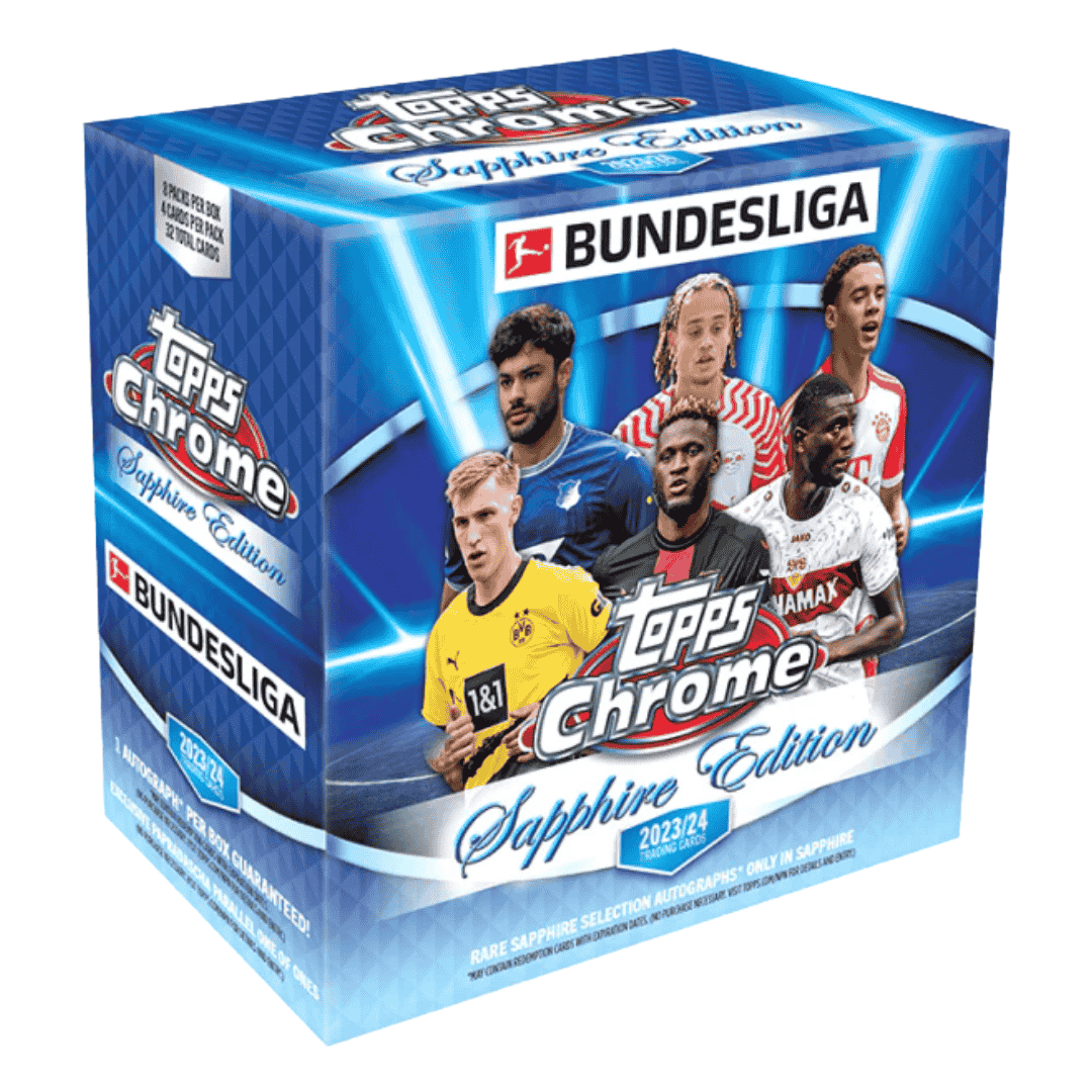 A 2023-24 Topps Bundesliga Chrome Sapphire Edition trading card box featuring soccer players.