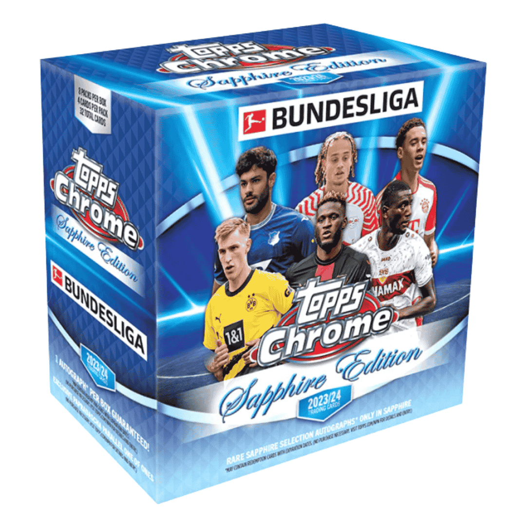 A 2023-24 Topps Bundesliga Chrome Sapphire Edition trading card box featuring soccer players.
