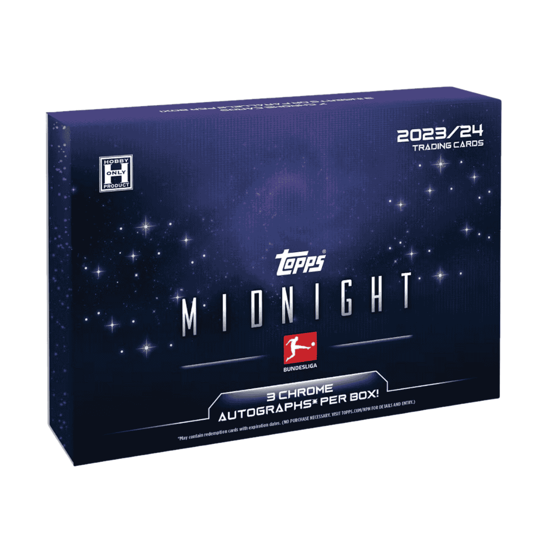 A 2023-24 Topps Bundesliga Midnight soccer hobby box with a dark, star-patterned design.