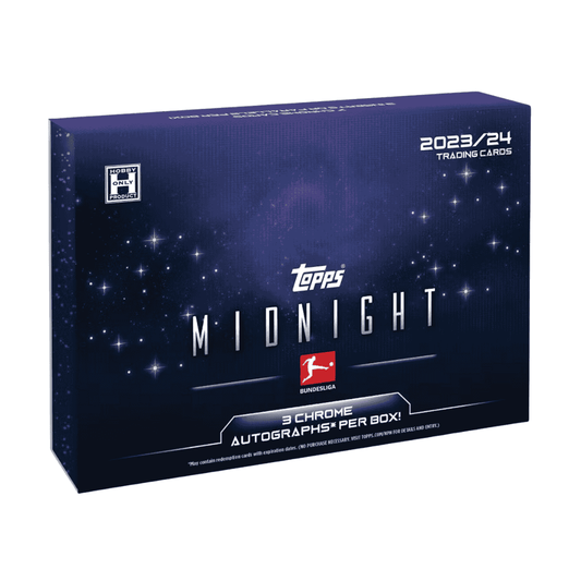 A 2023-24 Topps Bundesliga Midnight soccer hobby box with a dark, star-patterned design.