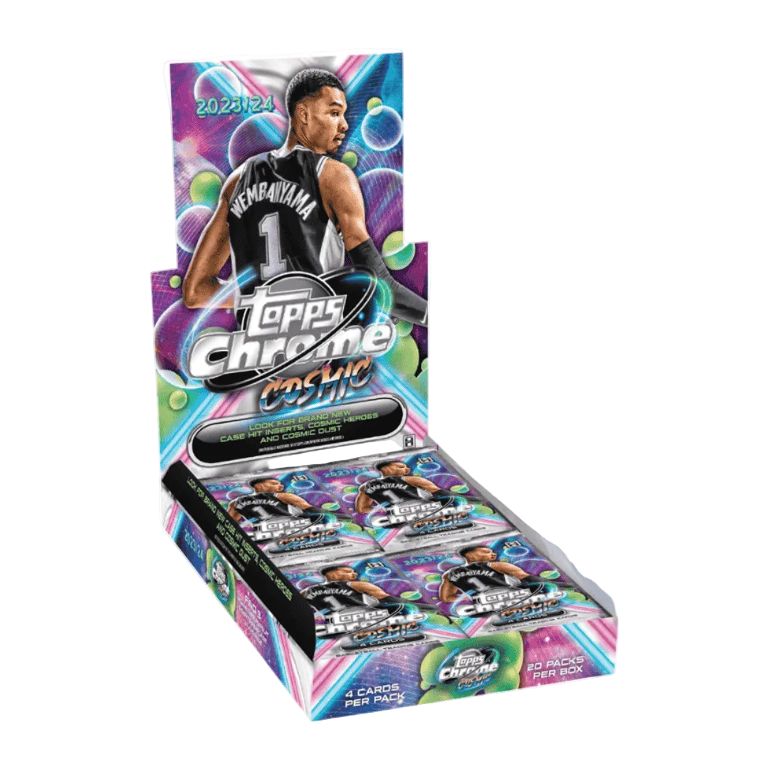 A 2023-24 Topps Cosmic Chrome basketball hobby box featuring Victor Wembanyama on the packaging.