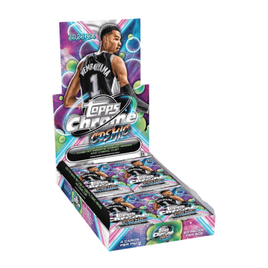 A 2023-24 Topps Cosmic Chrome basketball hobby box featuring Victor Wembanyama on the packaging.