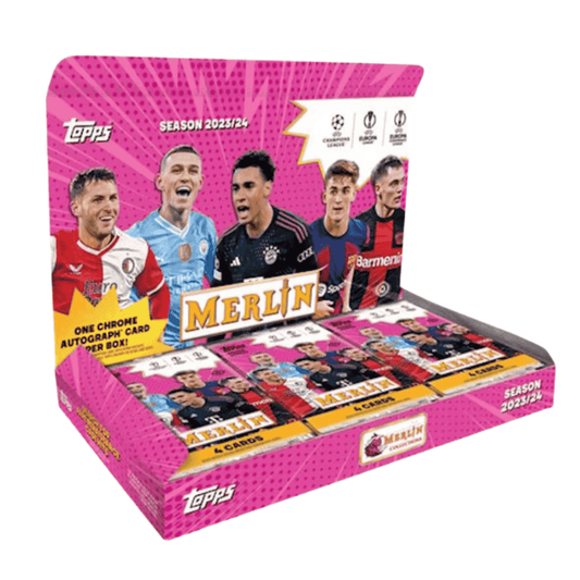 A 2023-24 Topps Merlin Chrome soccer hobby box featuring UEFA club competition branding.