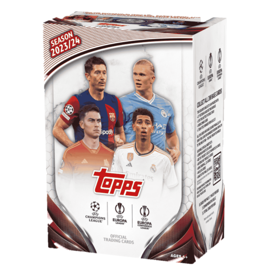 A 2023-24 Topps UEFA Club Competitions soccer trading card value box.