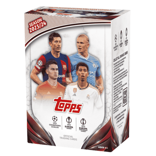 A 2023-24 Topps UEFA Club Competitions soccer trading card value box.