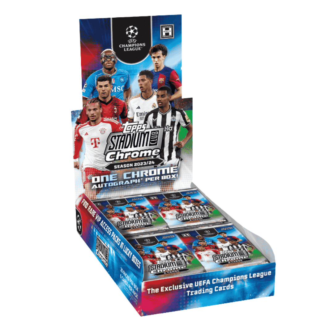 A 2023-24 Topps UEFA Stadium Club Chrome hobby box featuring soccer player imagery.