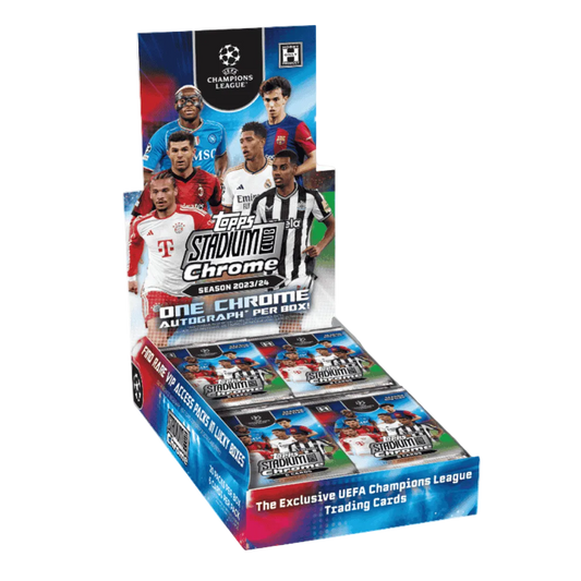 A 2023-24 Topps UEFA Stadium Club Chrome hobby box featuring soccer player imagery.