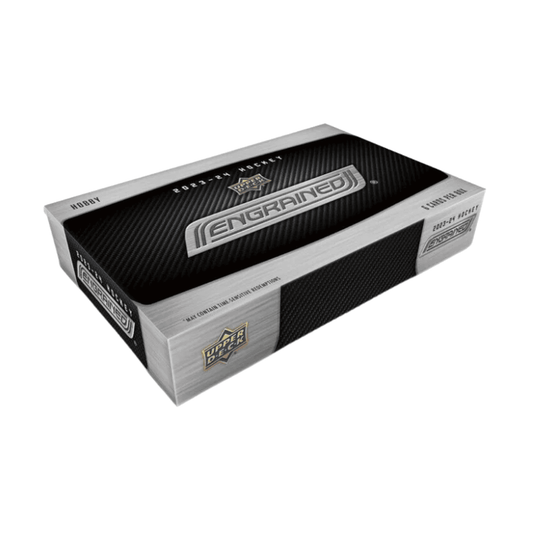 A 2023-24 Upper Deck Engrained hockey hobby box with a metallic and carbon fiber design.