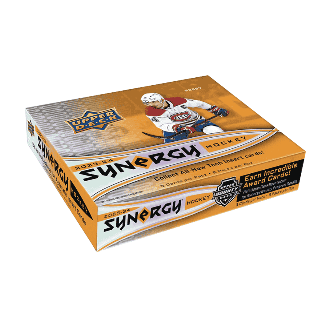 A 2023-24 Upper Deck Synergy hockey hobby box featuring a Montreal Canadiens player on the cover.