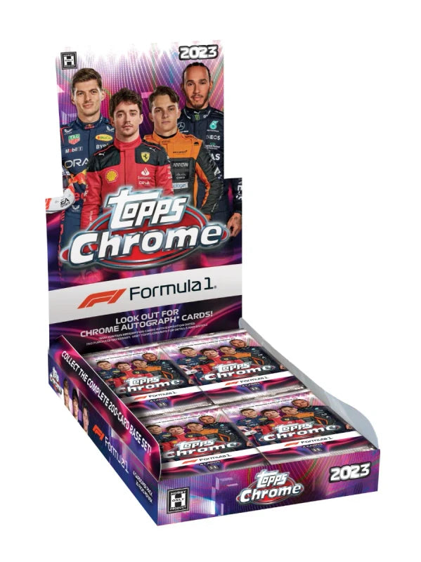 A 2023 Topps Chrome Formula 1 hobby box containing multiple packs of racing trading cards.