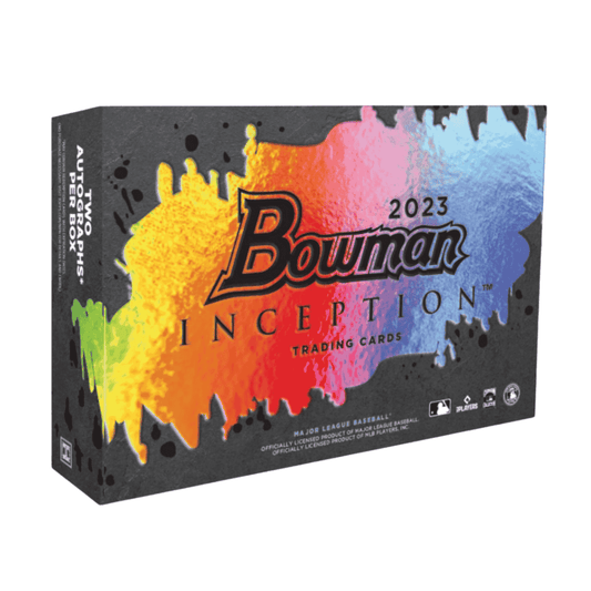 A 2023 Bowman Inception baseball hobby box with a colorful watercolor design on a black background.