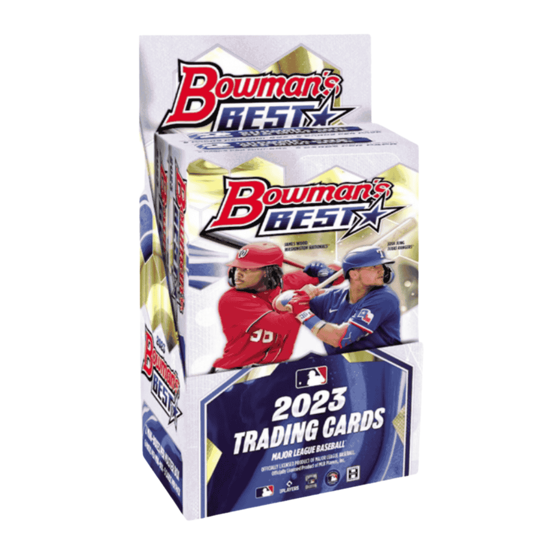 A 2023 Bowman's Best Baseball hobby box featuring James Wood and Josh Jung on the packaging.