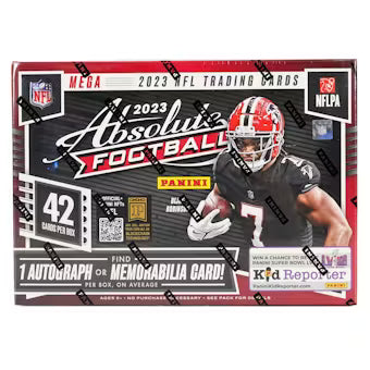 A 2023 Panini Absolute Football mega box featuring a player on the front.