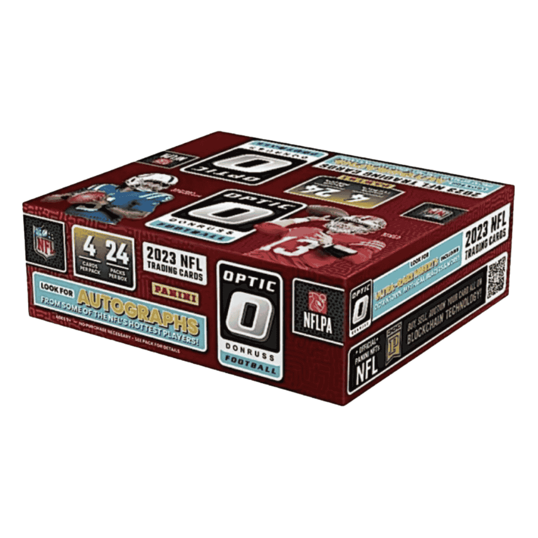 A 2023 Panini Donruss Optic Football retail box featuring NFL branding and card pack details.