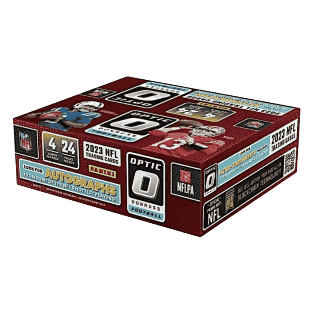 A 2023 Panini Donruss Optic Football retail box featuring NFL branding and card pack details.