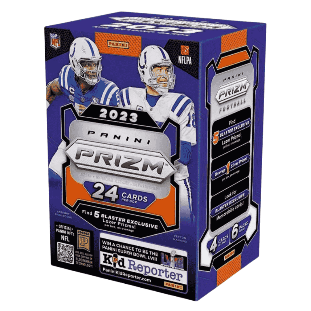 A 2023 Panini Prizm Football blaster box featuring Anthony Richardson and Peyton Manning.