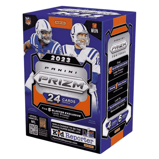 A 2023 Panini Prizm Football blaster box featuring Anthony Richardson and Peyton Manning.