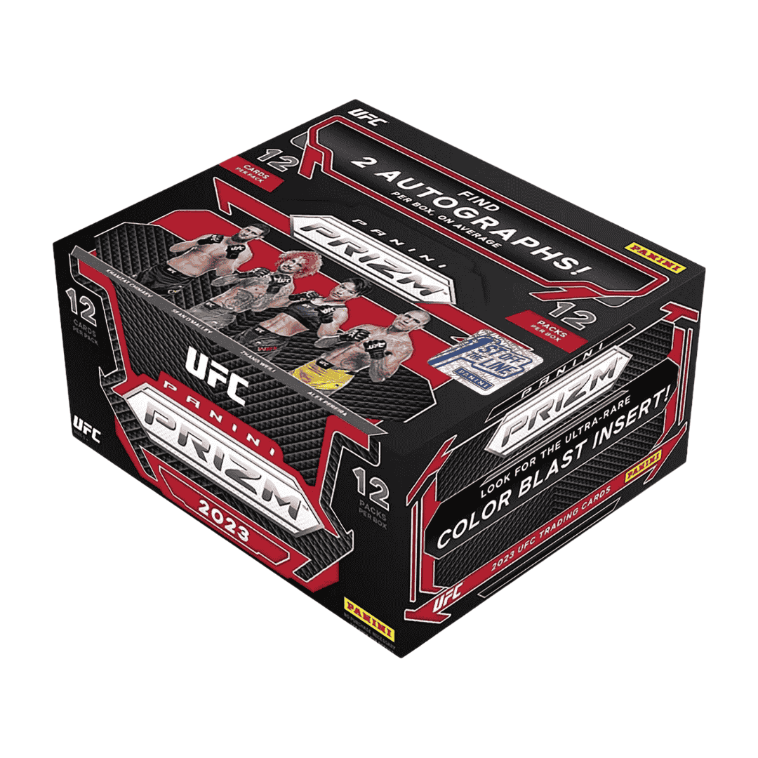 A 2023 Panini Prizm UFC First Off The Line hobby box featuring images of various MMA fighters.