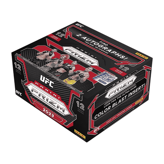 A 2023 Panini Prizm UFC First Off The Line hobby box featuring images of various MMA fighters.
