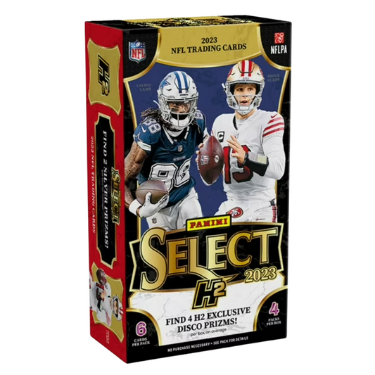 A 2023 Panini Select Football H2 trading card box featuring CeeDee Lamb and Brock Purdy.
