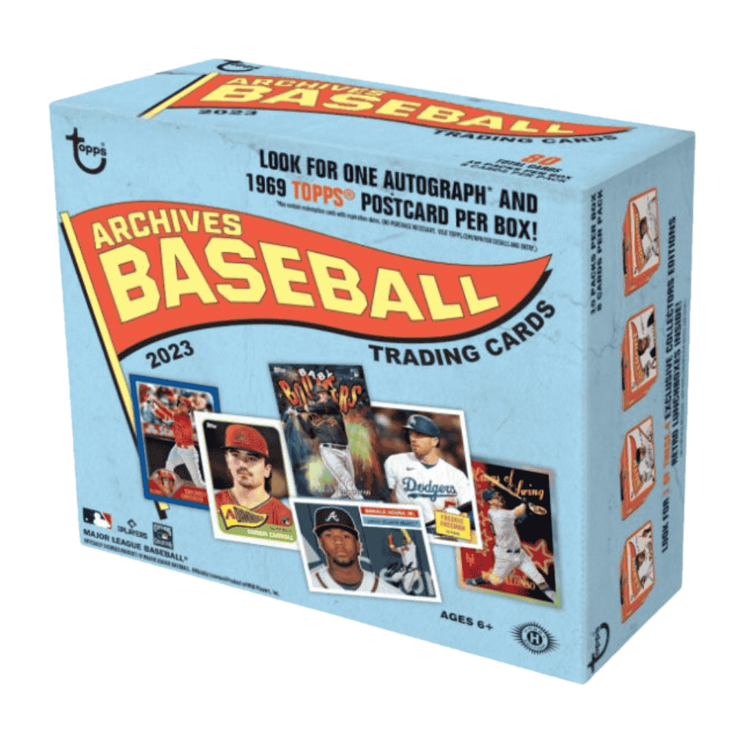 A 2023 Topps Archives Baseball collector box featuring vintage-style card designs.