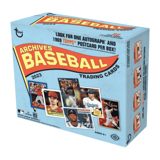 A 2023 Topps Archives Baseball collector box featuring vintage-style card designs.