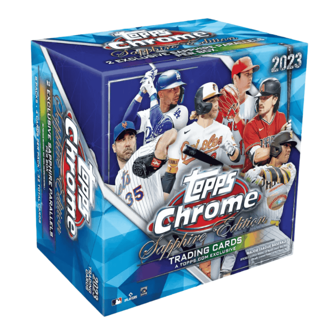 A 2023 Topps Chrome Baseball Sapphire Edition box featuring blue geometric patterns.