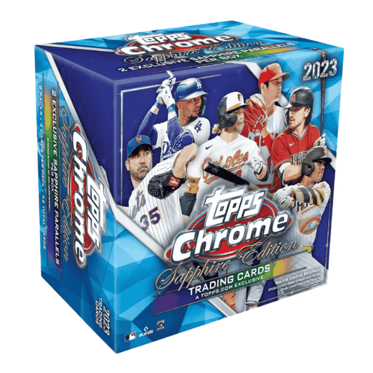 A 2023 Topps Chrome Baseball Sapphire Edition box featuring blue geometric patterns.