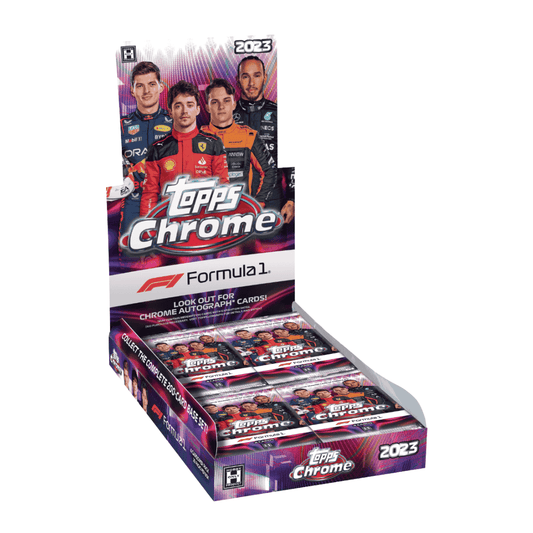 A 2023 Topps Chrome Formula 1 hobby box featuring racing drivers on the packaging.