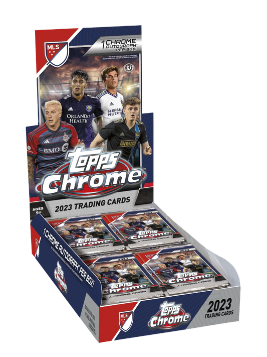 A 2023 Topps Chrome Major League Soccer hobby box containing multiple packs of trading cards.